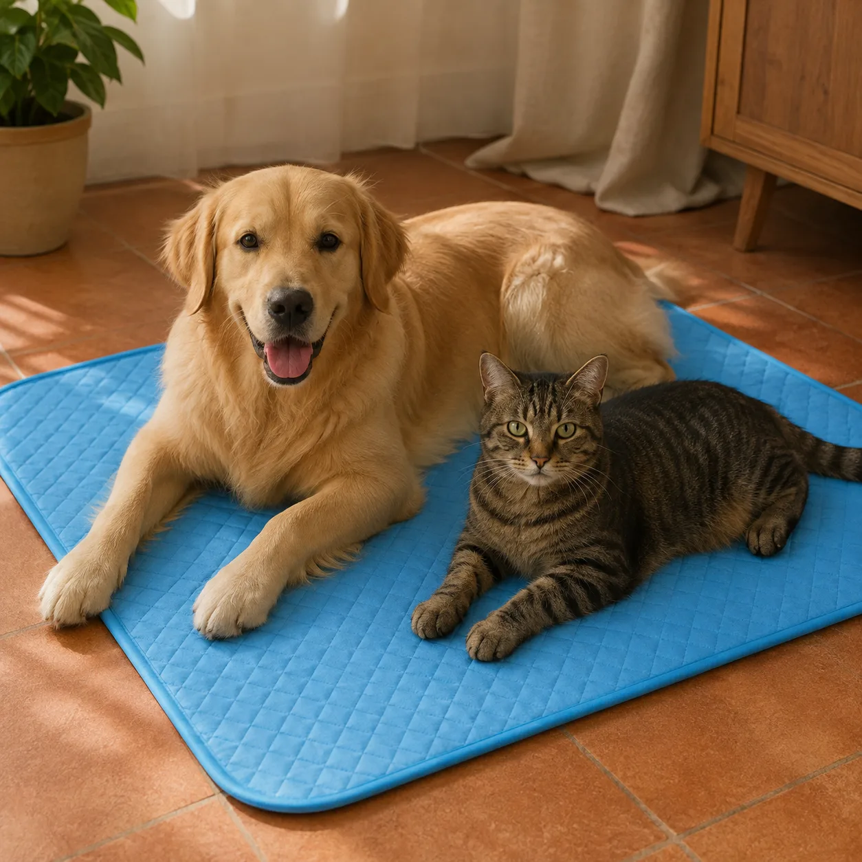 Un cane e un gatto sdraiati insieme sullo stesso tappetino refrigerante Frimouf Ice