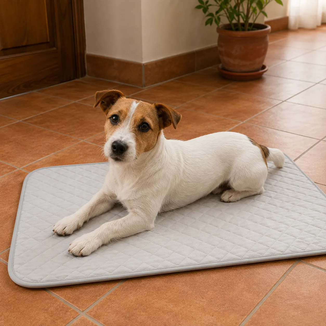 Jack russell terrier sdraiato e attento su un tappetino refrigerante grigio