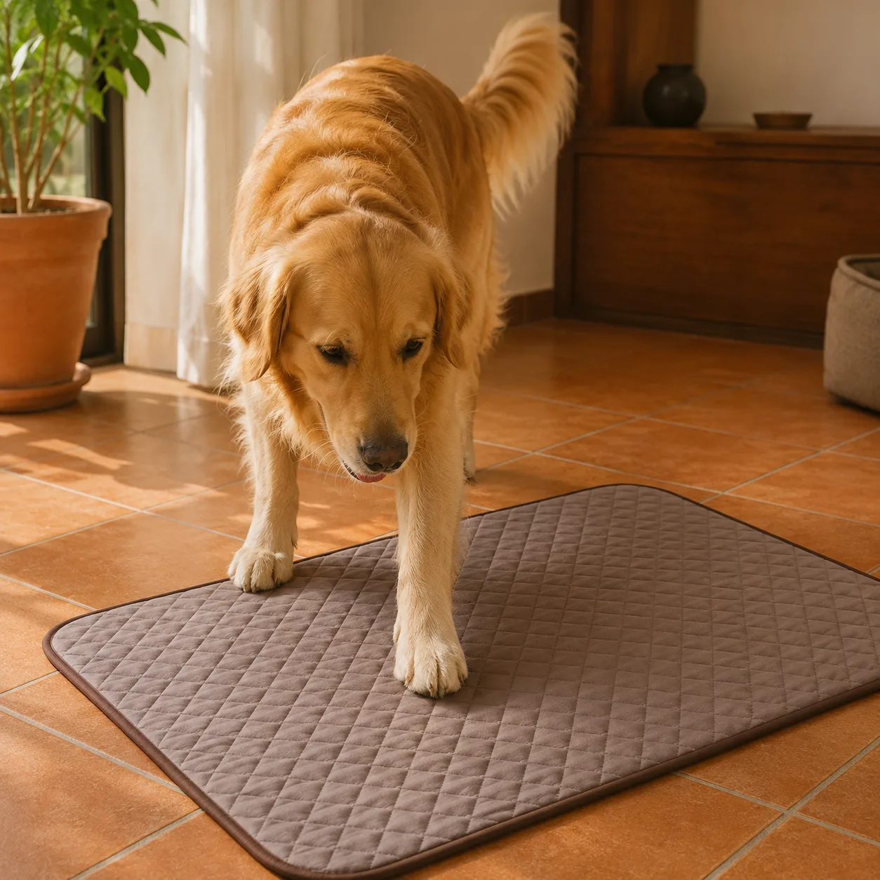 Golden retriever che appoggia una zampa sul tappetino refrigerante marrone