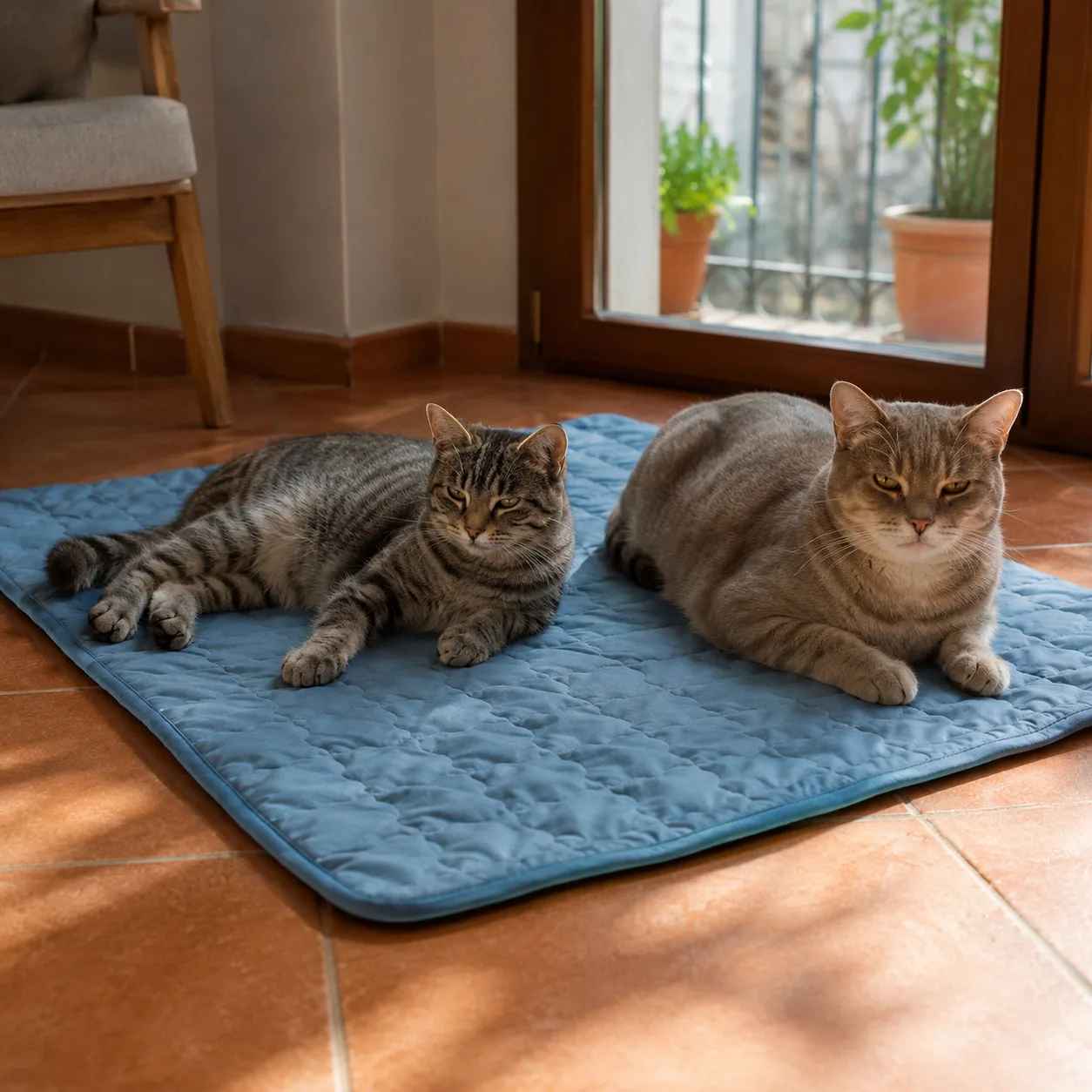 Due gatti sdraiati vicini su un grande tappetino refrigerante blu