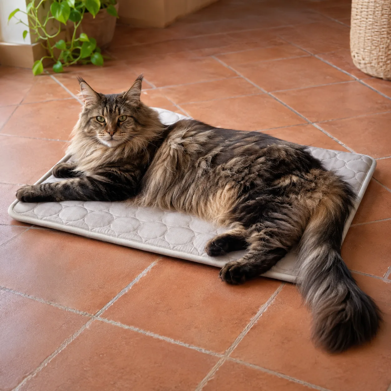 Maine Coon disteso su un tappetino refrigerante grigio