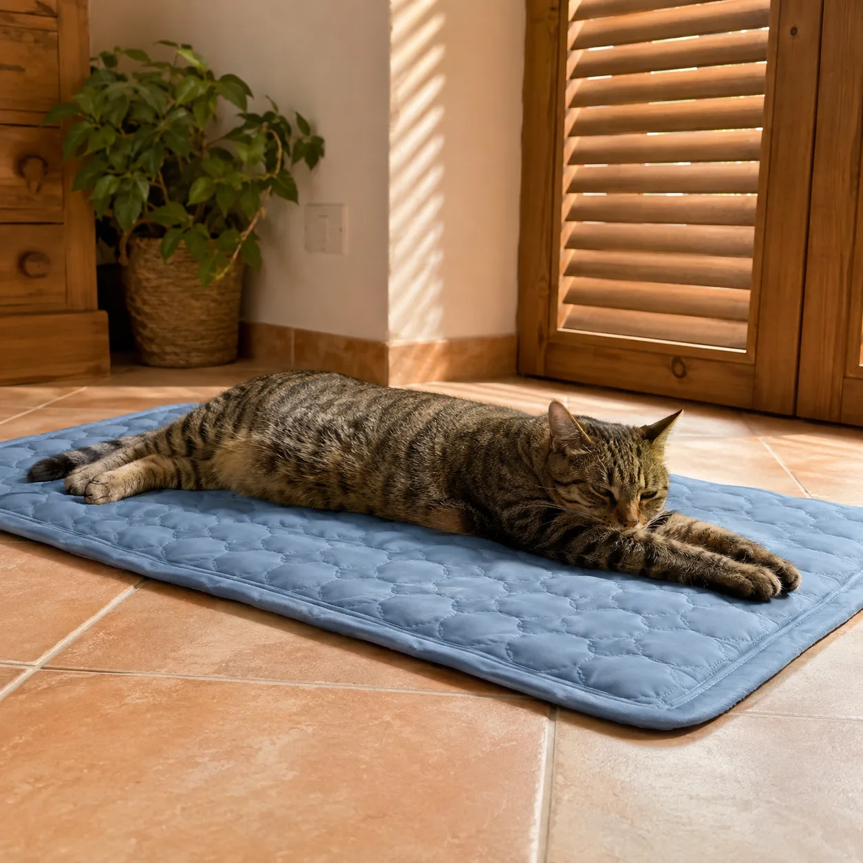 Gatto tigrato sdraiato disteso su un tappetino refrigerante Frimouf Ice blu