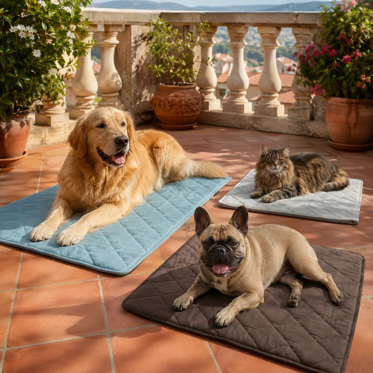 Australian shepherd sdraiato su un tappetino refrigerante grigio in terrazza, accanto alla sua proprietaria