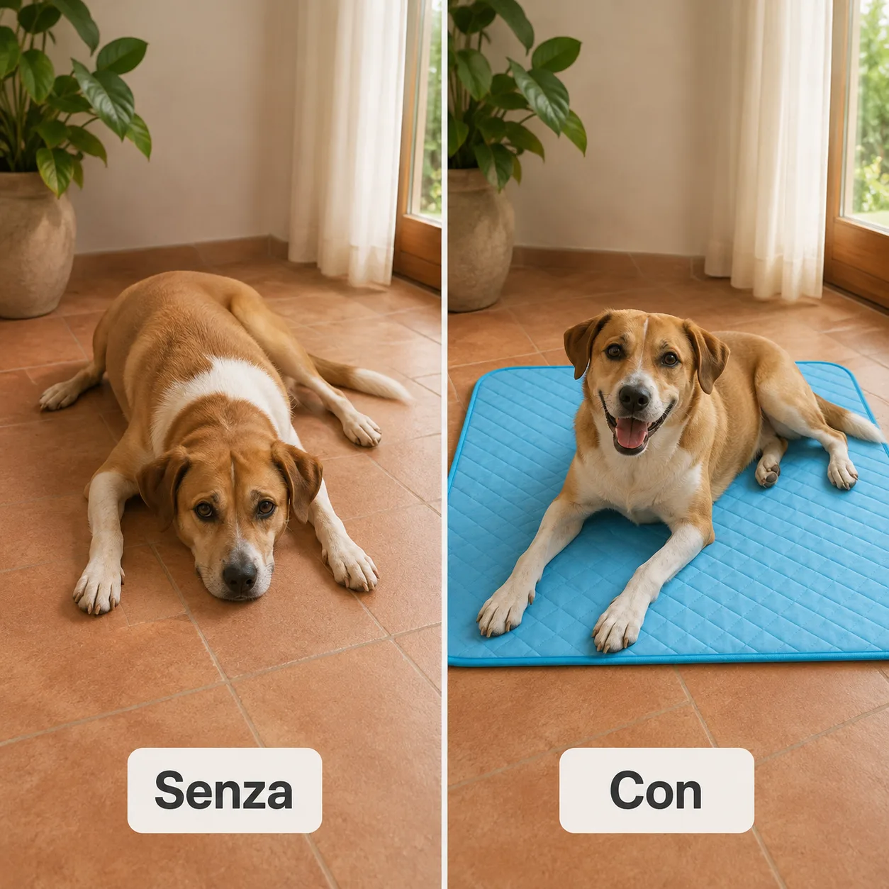 Lo stesso cane sul pavimento nudo e sul tappetino Frimouf Ice, nella stessa stanza