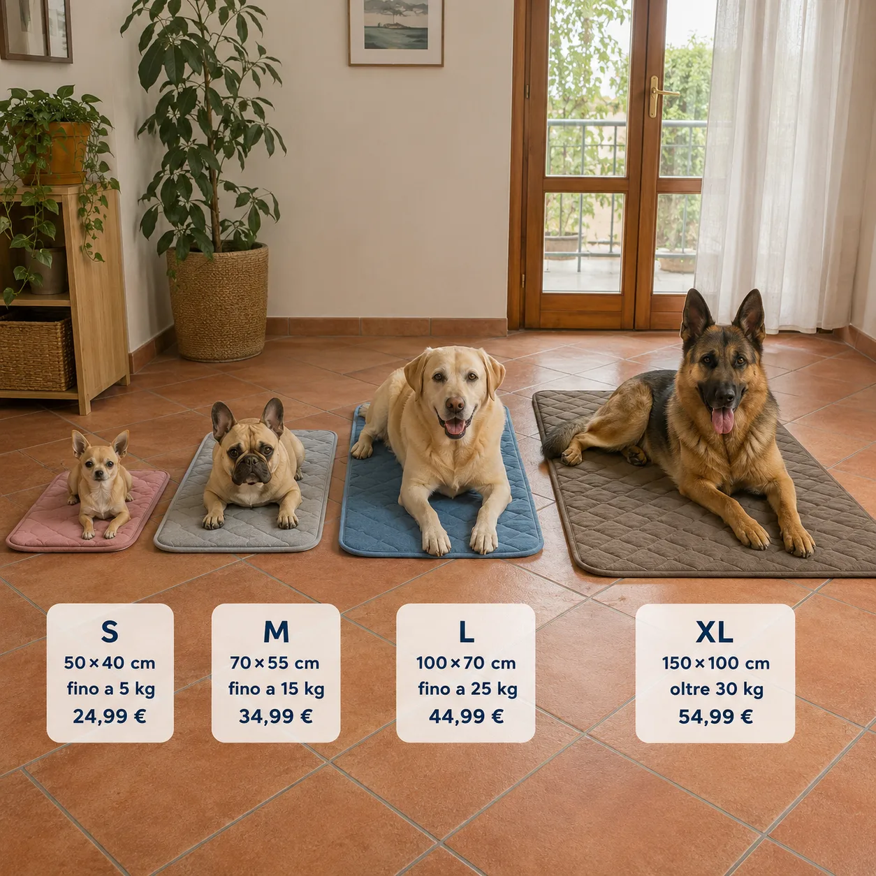 Quattro cani di taglia diversa su quattro tappetini refrigeranti, con la tabella delle taglie dalla S alla XL